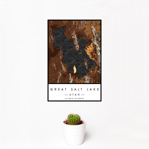 12x18 Great Salt Lake Utah Map Print Portrait Orientation in Ember Style With Small Cactus Plant in White Planter