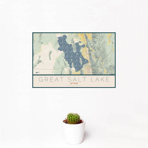 12x18 Great Salt Lake Utah Map Print Landscape Orientation in Woodblock Style With Small Cactus Plant in White Planter