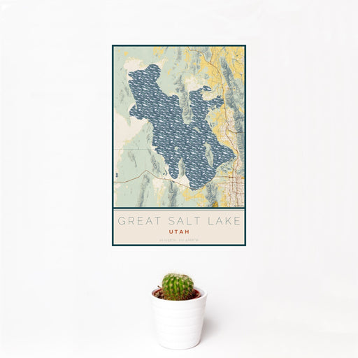 12x18 Great Salt Lake Utah Map Print Portrait Orientation in Woodblock Style With Small Cactus Plant in White Planter