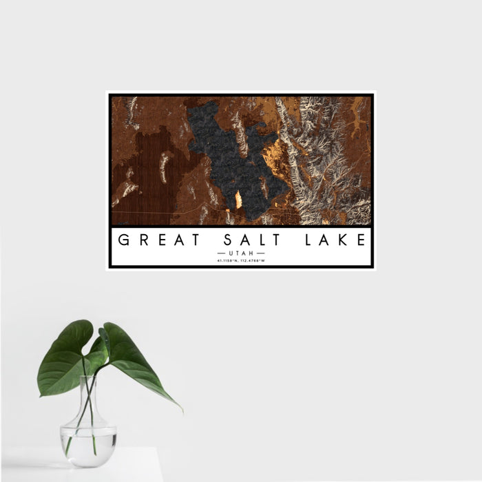16x24 Great Salt Lake Utah Map Print Landscape Orientation in Ember Style With Tropical Plant Leaves in Water