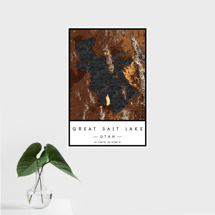 16x24 Great Salt Lake Utah Map Print Portrait Orientation in Ember Style With Tropical Plant Leaves in Water