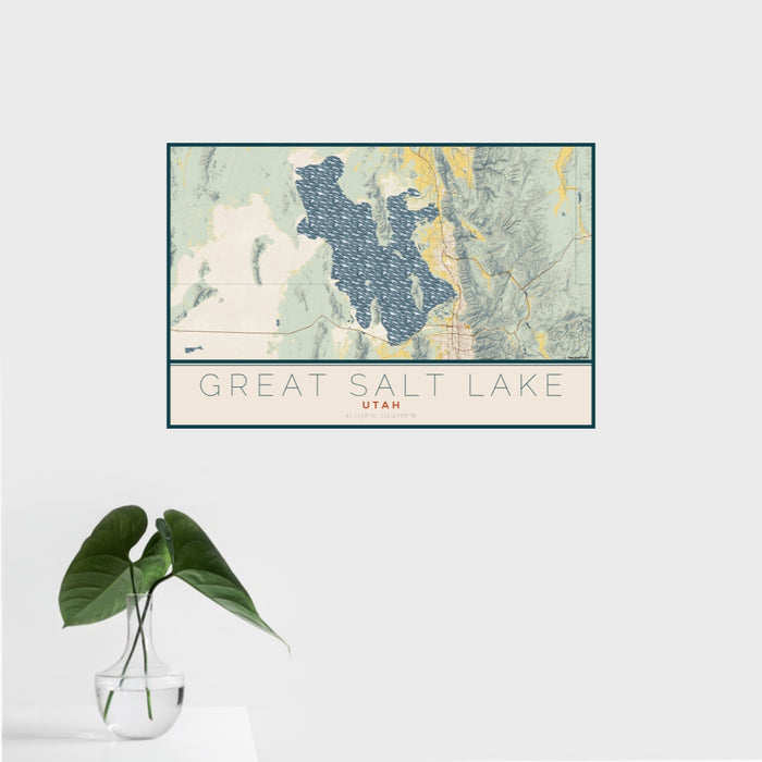 16x24 Great Salt Lake Utah Map Print Landscape Orientation in Woodblock Style With Tropical Plant Leaves in Water
