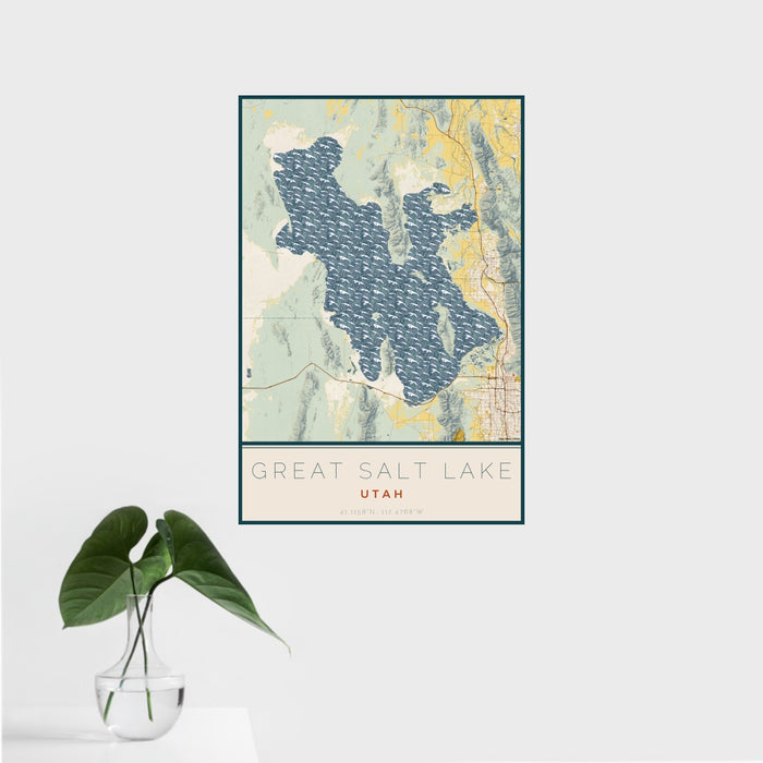 16x24 Great Salt Lake Utah Map Print Portrait Orientation in Woodblock Style With Tropical Plant Leaves in Water