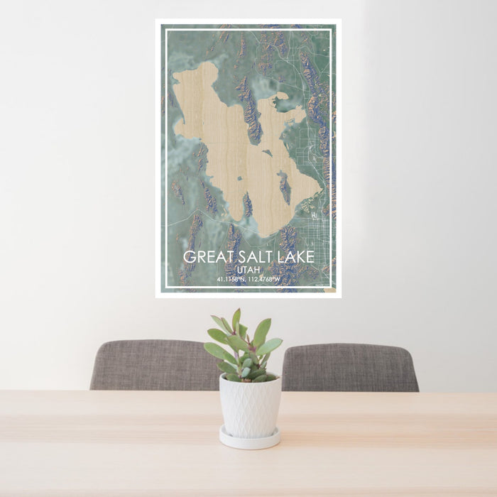 24x36 Great Salt Lake Utah Map Print Portrait Orientation in Afternoon Style Behind 2 Chairs Table and Potted Plant