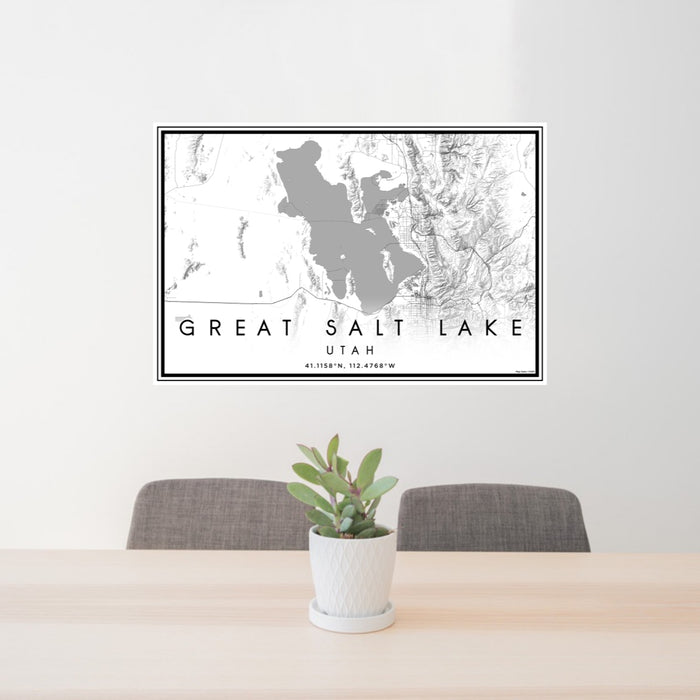 24x36 Great Salt Lake Utah Map Print Lanscape Orientation in Classic Style Behind 2 Chairs Table and Potted Plant