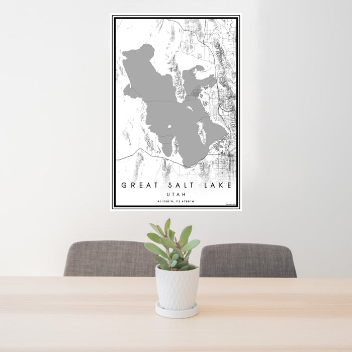 24x36 Great Salt Lake Utah Map Print Portrait Orientation in Classic Style Behind 2 Chairs Table and Potted Plant