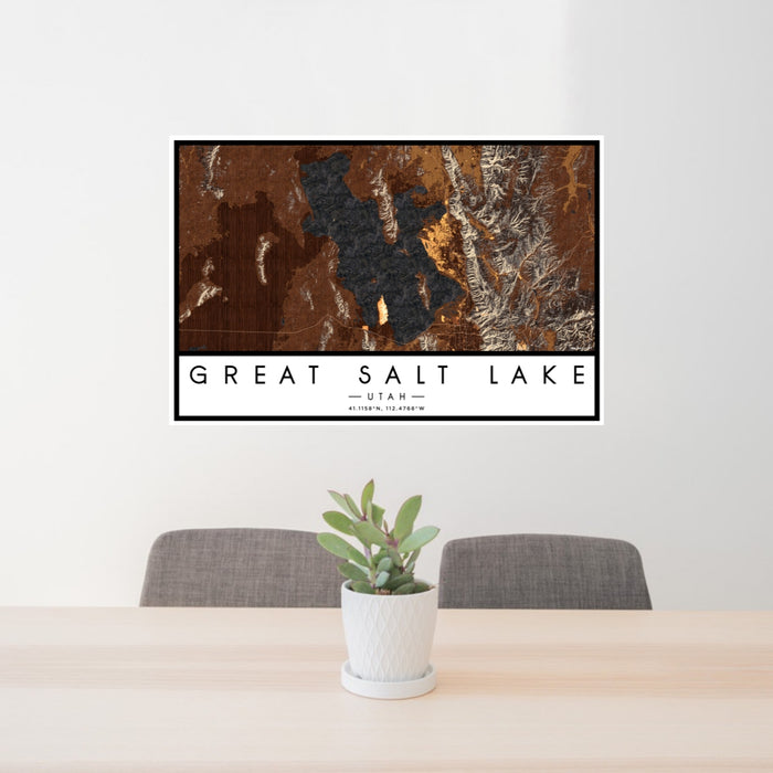 24x36 Great Salt Lake Utah Map Print Lanscape Orientation in Ember Style Behind 2 Chairs Table and Potted Plant