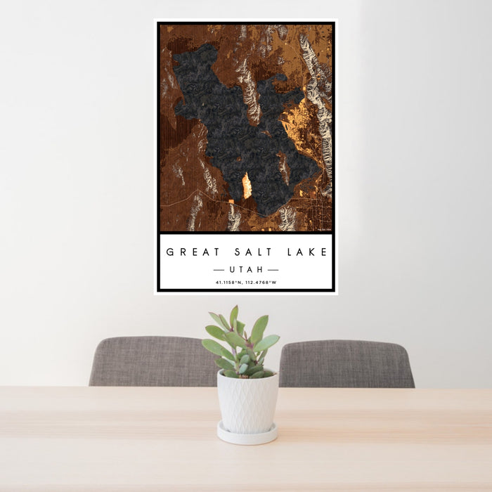 24x36 Great Salt Lake Utah Map Print Portrait Orientation in Ember Style Behind 2 Chairs Table and Potted Plant
