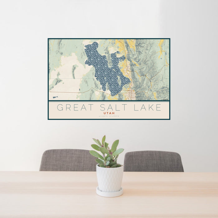 24x36 Great Salt Lake Utah Map Print Lanscape Orientation in Woodblock Style Behind 2 Chairs Table and Potted Plant