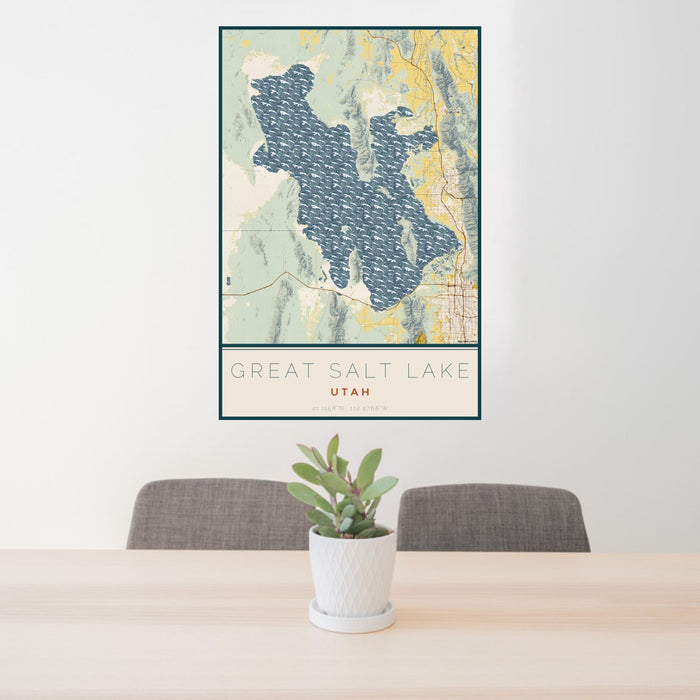 24x36 Great Salt Lake Utah Map Print Portrait Orientation in Woodblock Style Behind 2 Chairs Table and Potted Plant