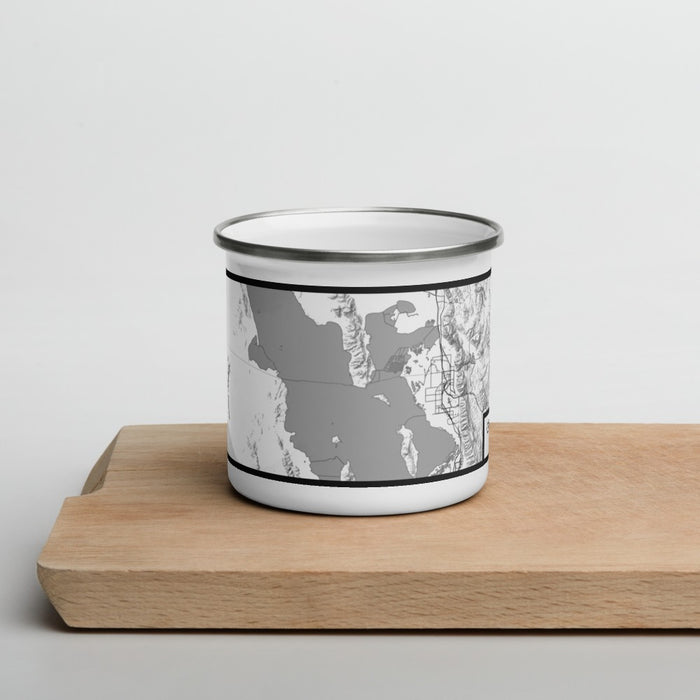 Front View Custom Great Salt Lake Utah Map Enamel Mug in Classic on Cutting Board
