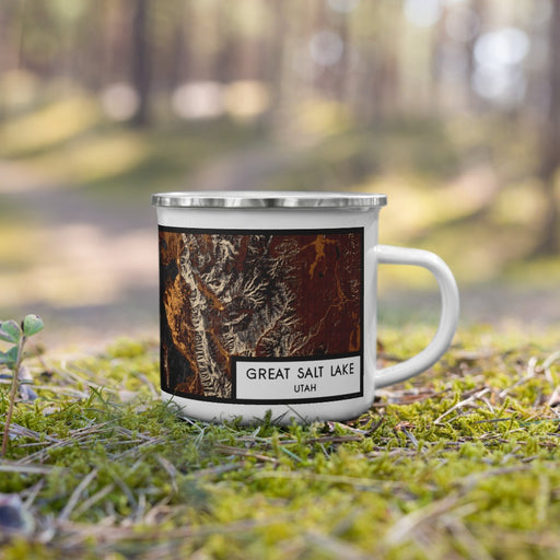 Right View Custom Great Salt Lake Utah Map Enamel Mug in Ember on Grass With Trees in Background
