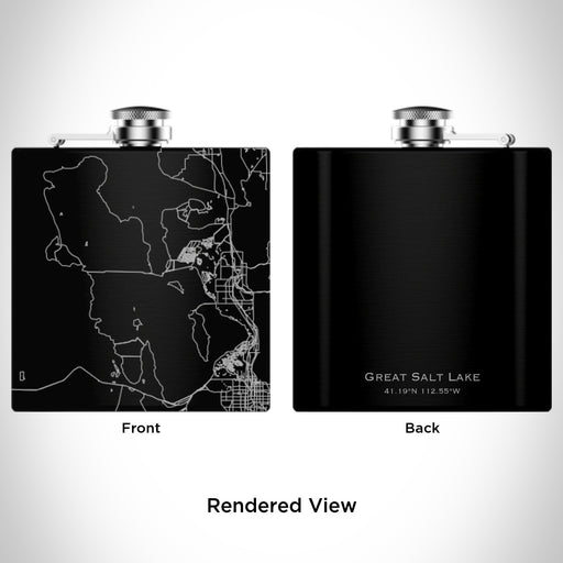 Rendered View of Great Salt Lake Utah Map Engraving on 6oz Stainless Steel Flask in Black
