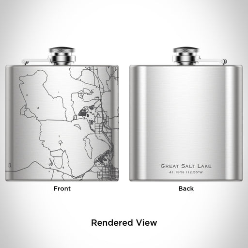 Rendered View of Great Salt Lake Utah Map Engraving on 6oz Stainless Steel Flask