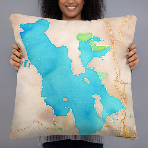 Person holding 22x22 Custom Great Salt Lake Utah Map Throw Pillow in Watercolor