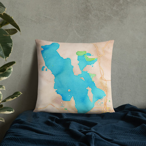 Custom Great Salt Lake Utah Map Throw Pillow in Watercolor on Bedding Against Wall