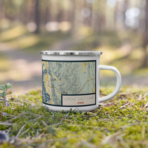 Right View Custom Great Salt Lake Utah Map Enamel Mug in Woodblock on Grass With Trees in Background