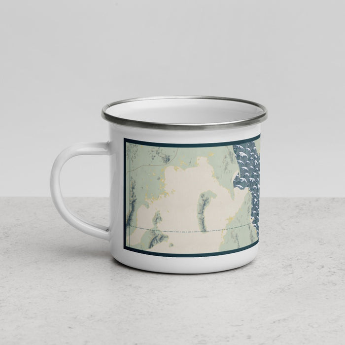 Left View Custom Great Salt Lake Utah Map Enamel Mug in Woodblock