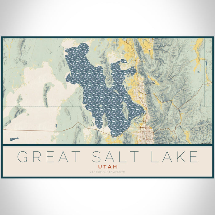 Great Salt Lake Utah Map Print Landscape Orientation in Woodblock Style With Shaded Background