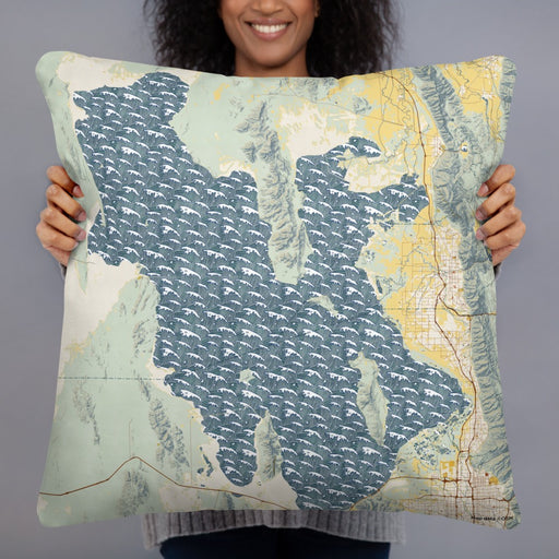 Person holding 22x22 Custom Great Salt Lake Utah Map Throw Pillow in Woodblock
