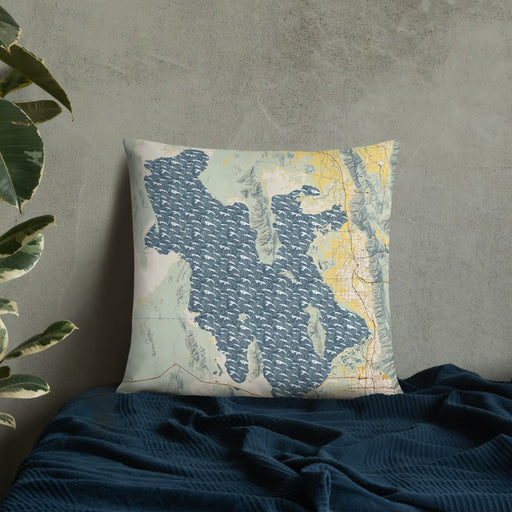 Custom Great Salt Lake Utah Map Throw Pillow in Woodblock on Bedding Against Wall