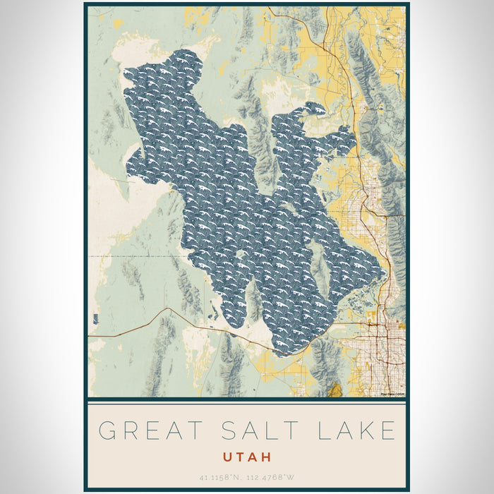 Great Salt Lake Utah Map Print Portrait Orientation in Woodblock Style With Shaded Background