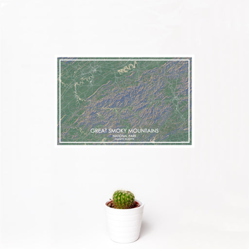 12x18 Great Smoky Mountains National Park Map Print Landscape Orientation in Afternoon Style With Small Cactus Plant in White Planter