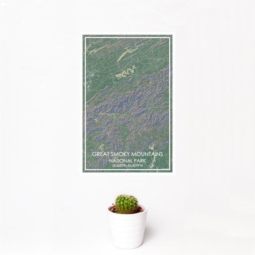 12x18 Great Smoky Mountains National Park Map Print Portrait Orientation in Afternoon Style With Small Cactus Plant in White Planter