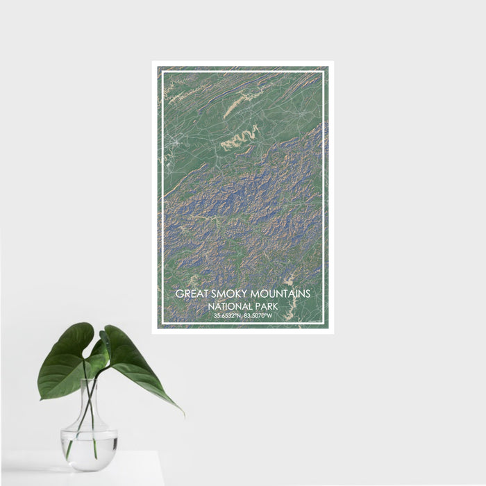 16x24 Great Smoky Mountains National Park Map Print Portrait Orientation in Afternoon Style With Tropical Plant Leaves in Water
