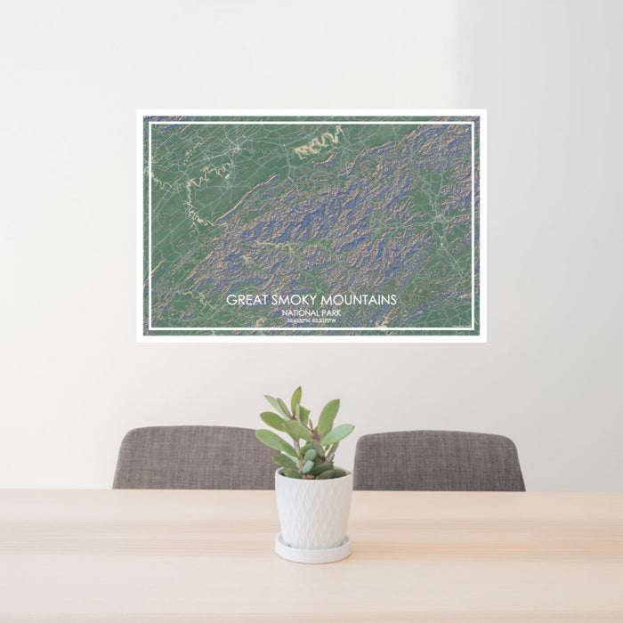 24x36 Great Smoky Mountains National Park Map Print Lanscape Orientation in Afternoon Style Behind 2 Chairs Table and Potted Plant