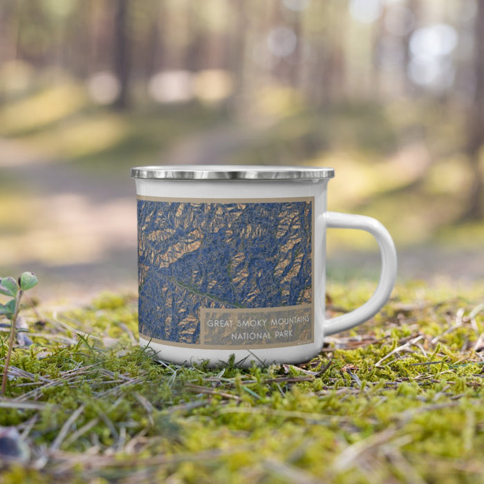 Right View Custom Great Smoky Mountains National Park Map Enamel Mug in Afternoon on Grass With Trees in Background