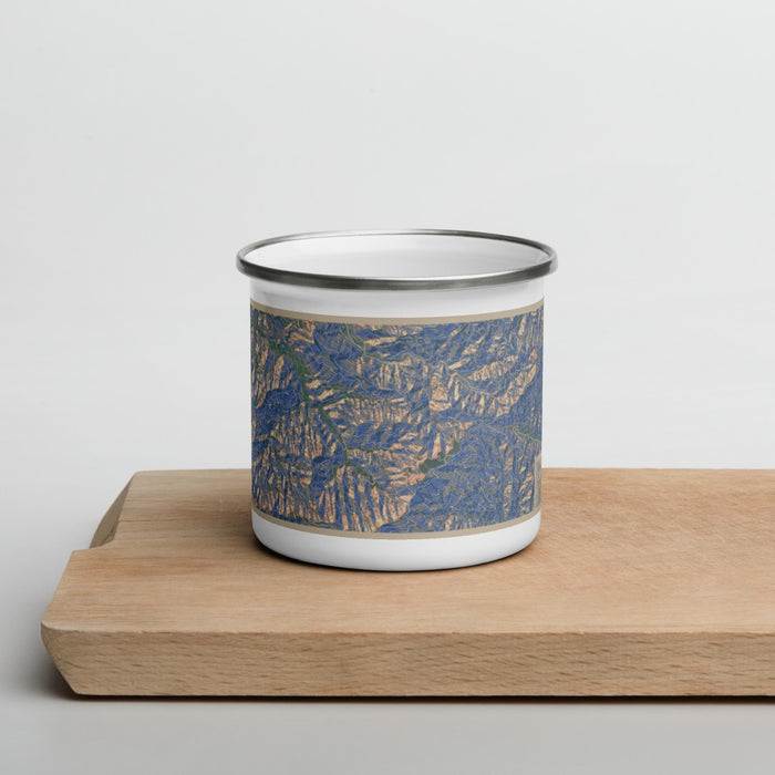 Front View Custom Great Smoky Mountains National Park Map Enamel Mug in Afternoon on Cutting Board