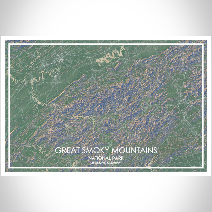 Great Smoky Mountains National Park Map Print Landscape Orientation in Afternoon Style With Shaded Background