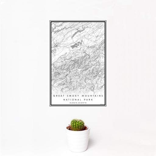 12x18 Great Smoky Mountains National Park Map Print Portrait Orientation in Classic Style With Small Cactus Plant in White Planter