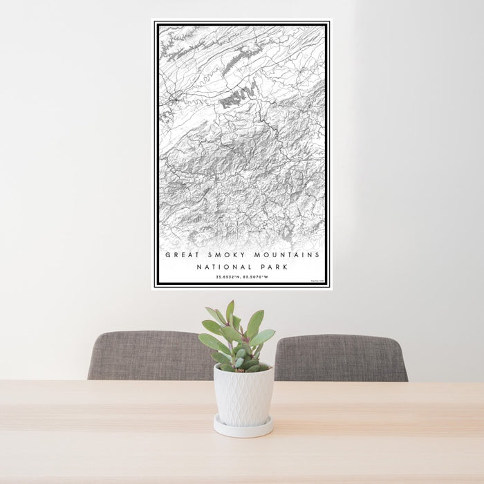 24x36 Great Smoky Mountains National Park Map Print Portrait Orientation in Classic Style Behind 2 Chairs Table and Potted Plant