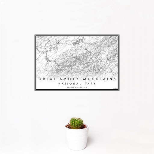 12x18 Great Smoky Mountains National Park Map Print Landscape Orientation in Classic Style With Small Cactus Plant in White Planter