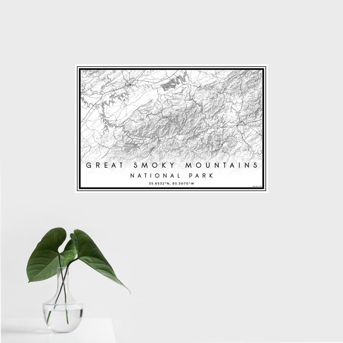 16x24 Great Smoky Mountains National Park Map Print Landscape Orientation in Classic Style With Tropical Plant Leaves in Water