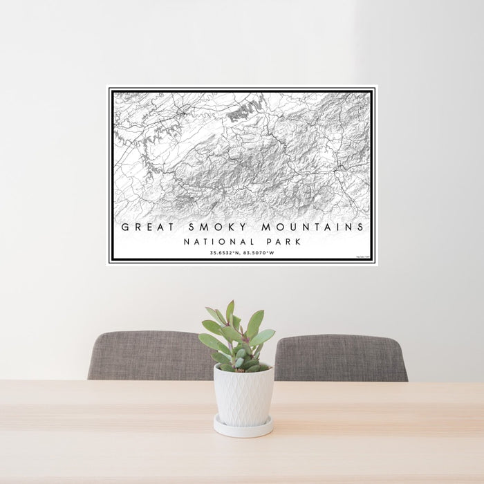 24x36 Great Smoky Mountains National Park Map Print Landscape Orientation in Classic Style Behind 2 Chairs Table and Potted Plant