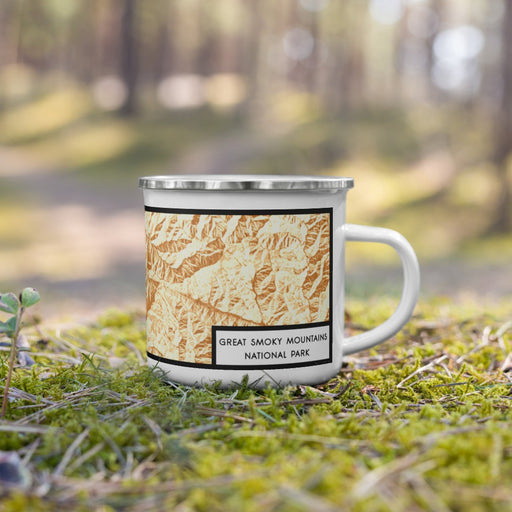 Right View Custom Great Smoky Mountains National Park Map Enamel Mug in Ember on Grass With Trees in Background