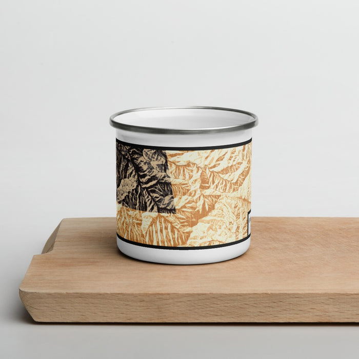 Front View Custom Great Smoky Mountains National Park Map Enamel Mug in Ember on Cutting Board