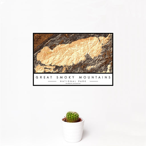 12x18 Great Smoky Mountains National Park Map Print Landscape Orientation in Ember Style With Small Cactus Plant in White Planter