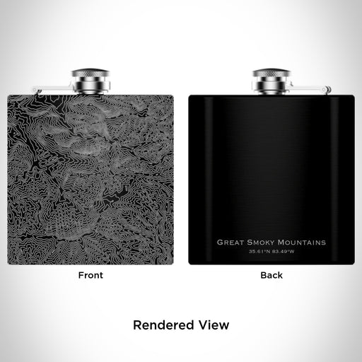 Rendered View of Great Smoky Mountains National Park Map Engraving on 6oz Stainless Steel Flask in Black