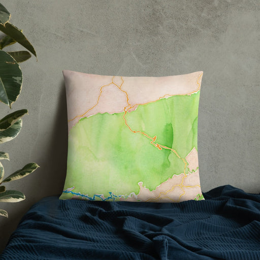 Custom Great Smoky Mountains National Park Map Throw Pillow in Watercolor on Bedding Against Wall