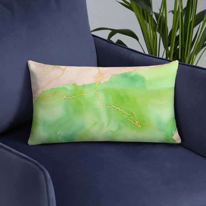 Custom Great Smoky Mountains National Park Map Throw Pillow in Watercolor on Blue Colored Chair