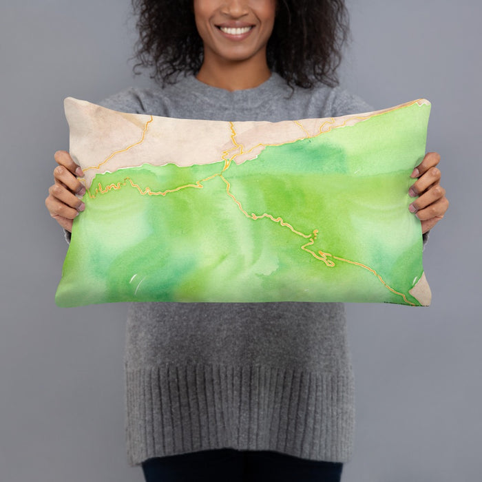 Person holding 20x12 Custom Great Smoky Mountains National Park Map Throw Pillow in Watercolor