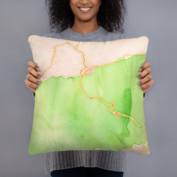 Person holding 18x18 Custom Great Smoky Mountains National Park Map Throw Pillow in Watercolor