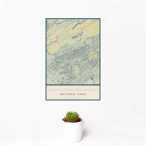 12x18 Great Smoky Mountains National Park Map Print Portrait Orientation in Woodblock Style With Small Cactus Plant in White Planter