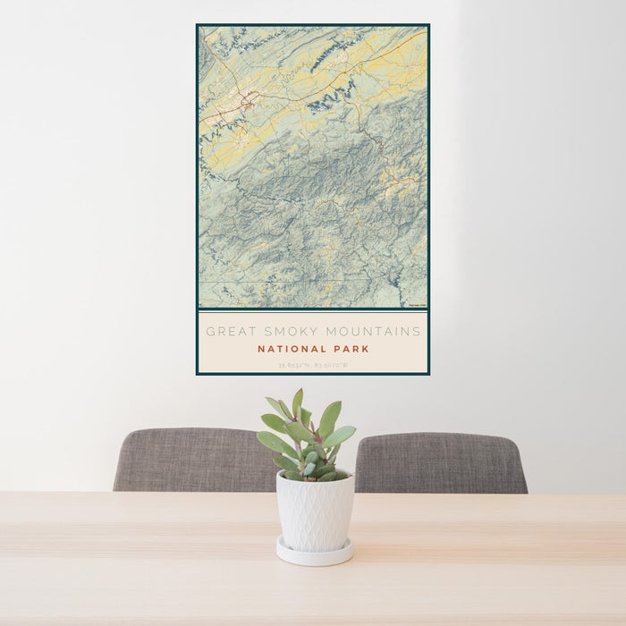 24x36 Great Smoky Mountains National Park Map Print Portrait Orientation in Woodblock Style Behind 2 Chairs Table and Potted Plant