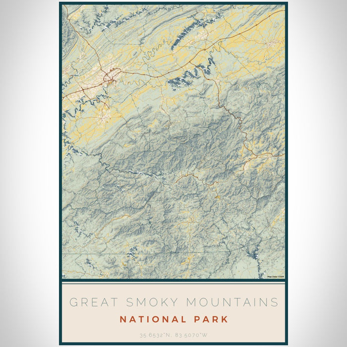 Great Smoky Mountains National Park Map Print Portrait Orientation in Woodblock Style With Shaded Background