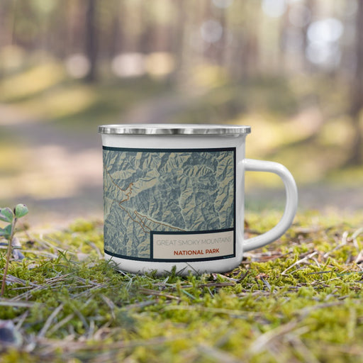 Right View Custom Great Smoky Mountains National Park Map Enamel Mug in Woodblock on Grass With Trees in Background
